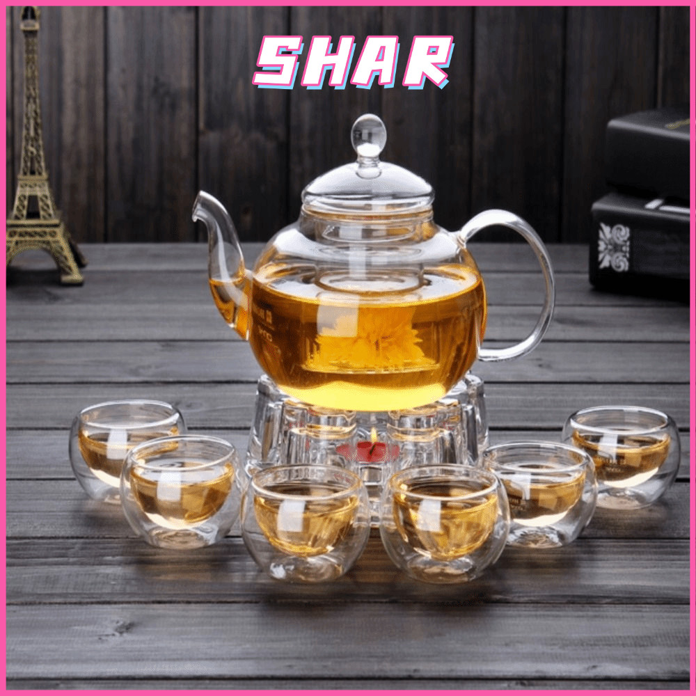 SHAR กาชงชา ทนต่ออุณหภูมิสูง กาน้ำชา แก้วคุณภาพสูง 400ml 600ml Glass Teapot 1 หม้อ 6 ถ้วยชุดถ้วยชาทนความร้อน