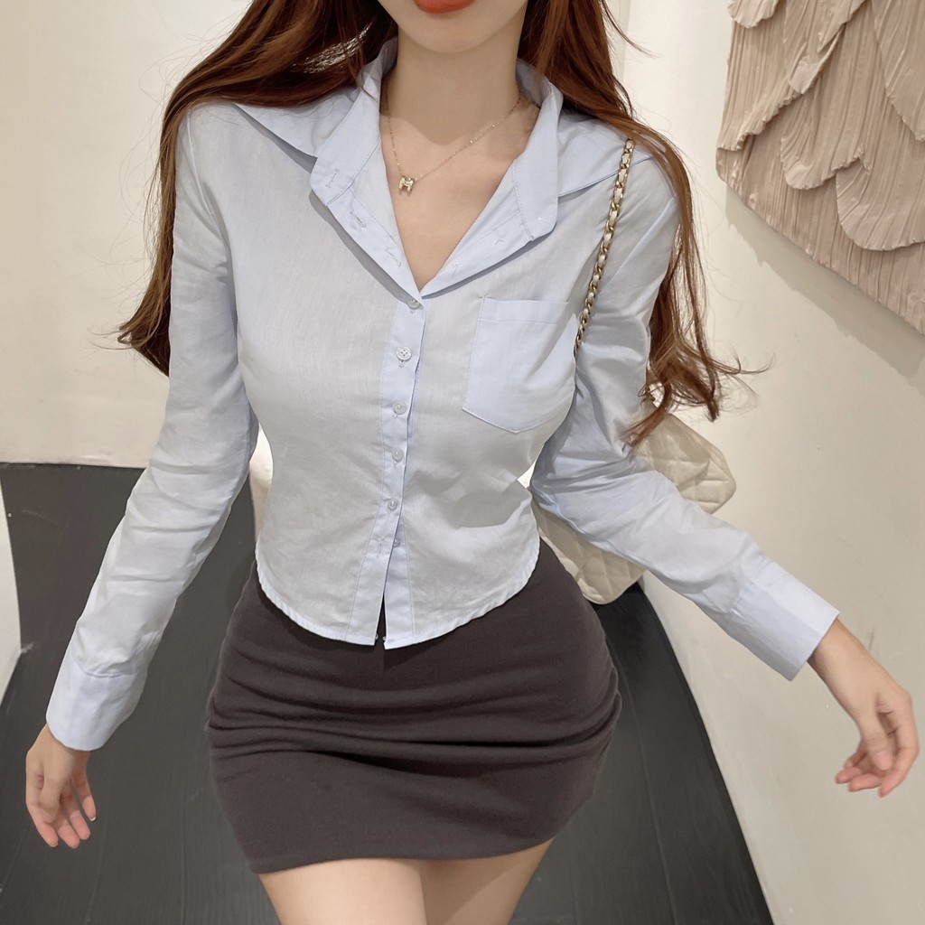 เสื้อเชิ้ตผู้หญิงคอปกโปโล ไซส์S-7XL สีดำ ขาว ฟ้า ทรงสวย น่ารัก  สไตล์เกาหลี สําหรับผู้หญิง - 5