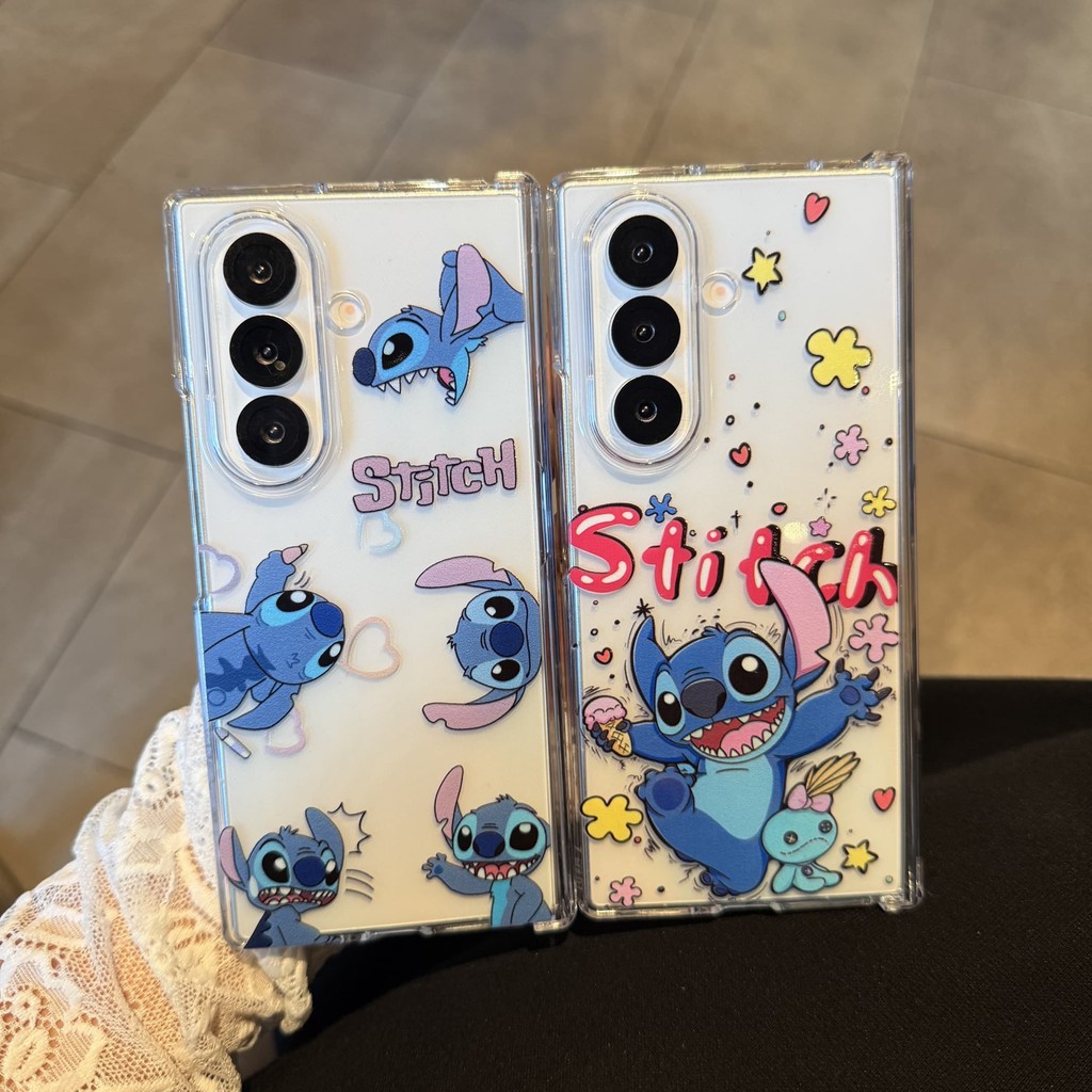 Samsung Galaxy Z Fold7 6 แกนกลางที่ถอดออกได้ชุดสามชิ้นโปร่งใสรวมทุกอย่างเคสโทรศัพท์กันกระแทกแบบแข็ง galaxy z fold5 fold4 fold3 การ์ตูนน่ารัก Stitch PC เคสป้องกัน