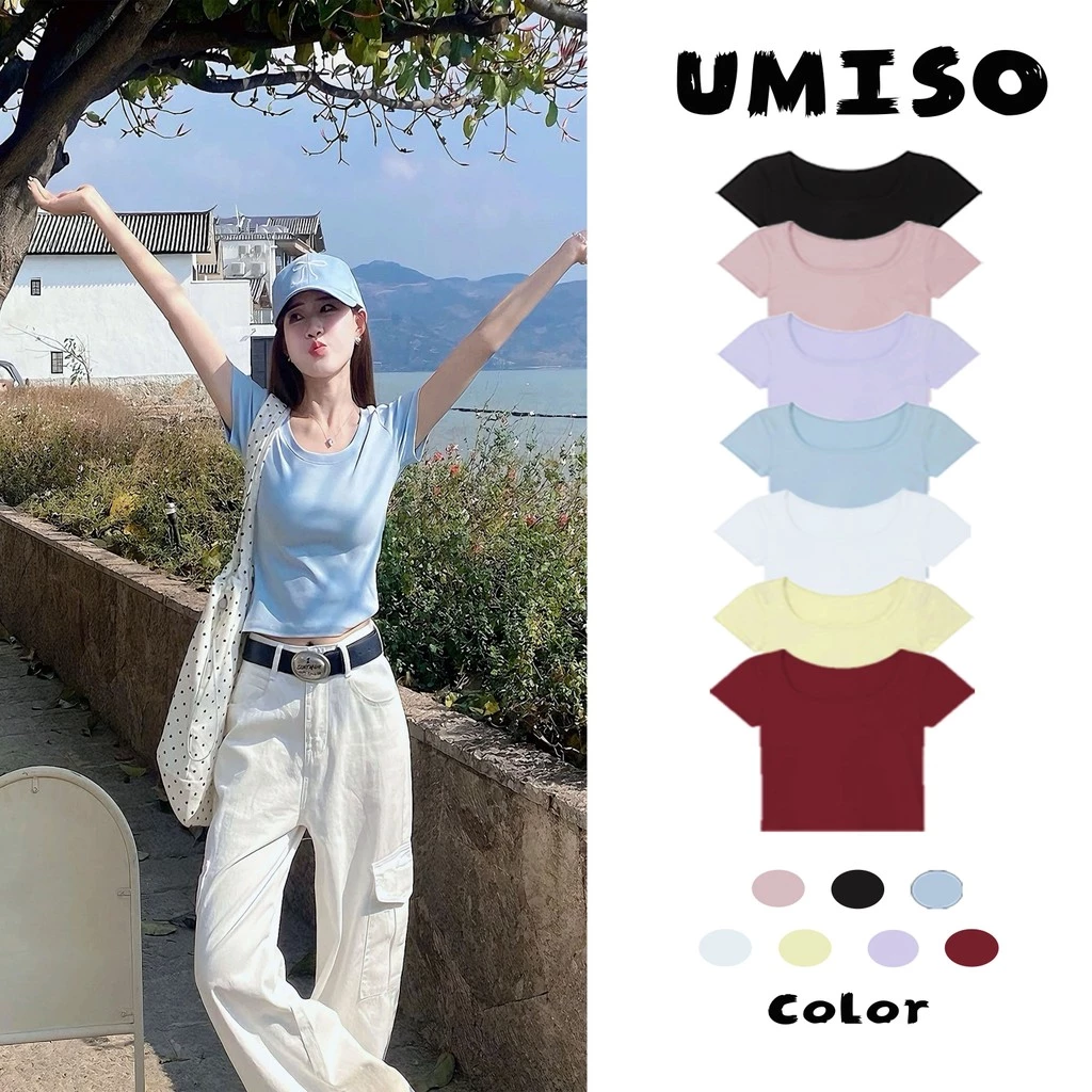 ร้อมส่ง เสื้อยืดแขนสั้นผ้ามน้ำ แข็งผู้หญิงเสื้อยืดสีทึบสไตล์เกาหลีทรงเข้ารูปและใช้งได้หลากหลาย UMISO