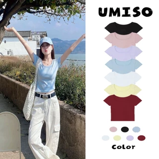 ร้อมส่ง เสื้อยืดแขนสั้นผ้ามน้ำ แข็งผู้หญิงเสื้อยืดสีทึบสไตล์เกาหลีทรงเข้ารูปและใช้งได้หลากหลาย UMISO