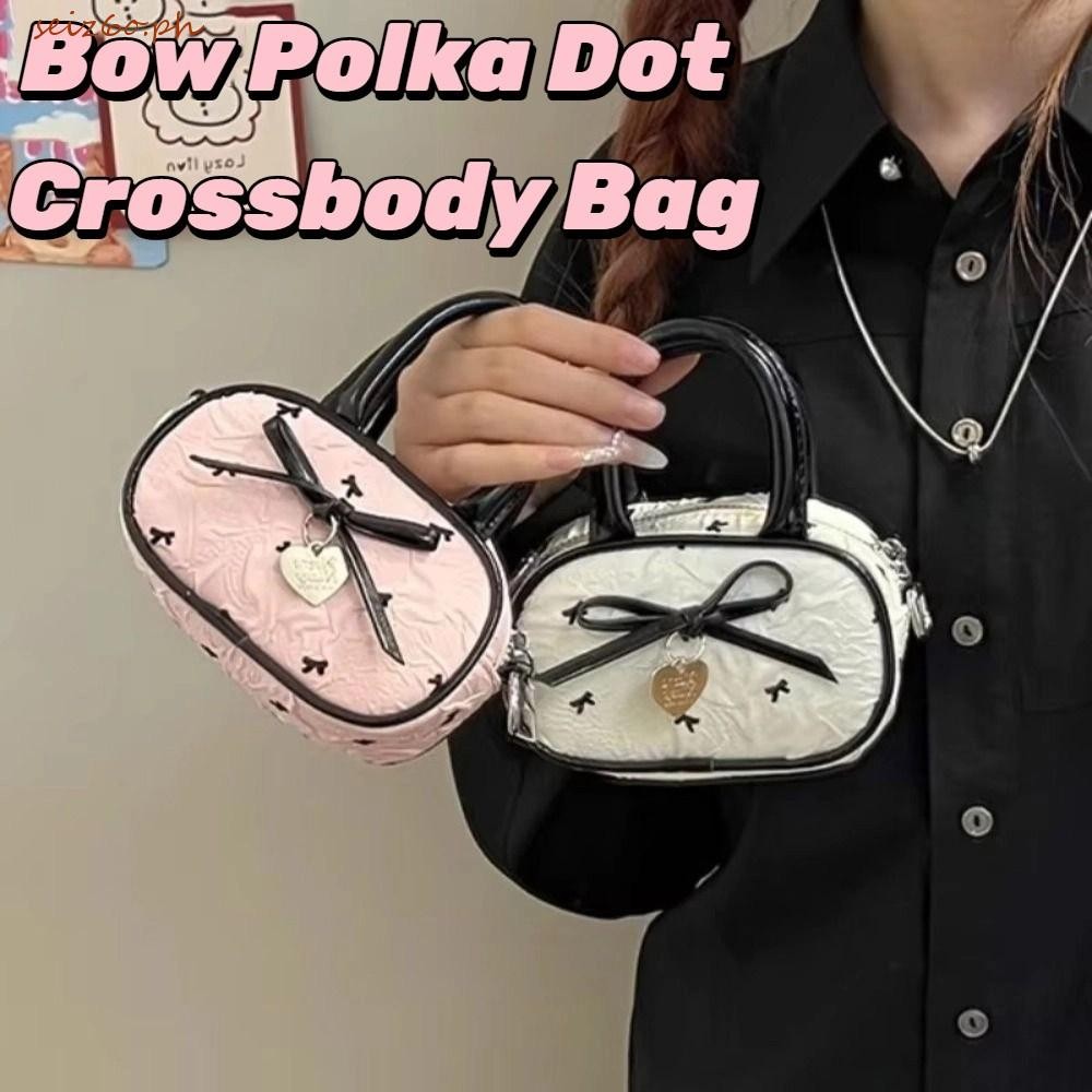SEIZ6O Bow Polka Dot Crossbody Bag, Y2K Love Pendant Mini Top-Handle Bag, Fashion Street Style Large