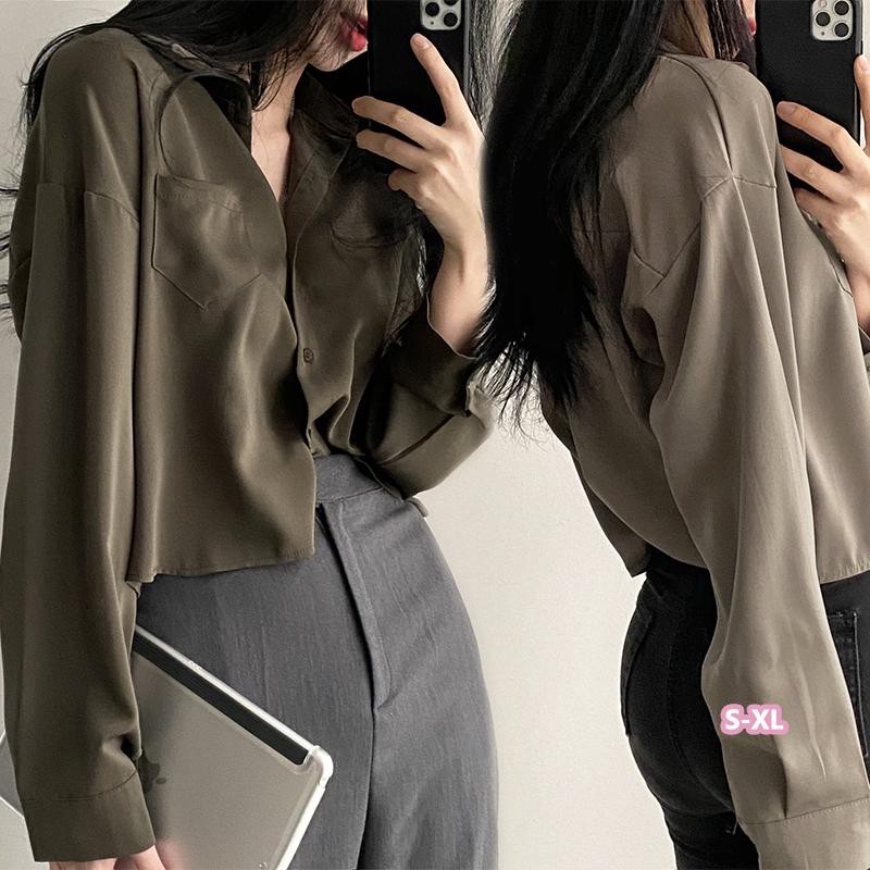 Ketrina เสื้อแฟชั่นผู้หญิง เสื้อเชิ้ตแขนยาวครอป เสื้อกระดุมแถวเดียว สีทึบ ผ้าใส่สบายและดีไซน์สวยงาม #w481 Women Clothing