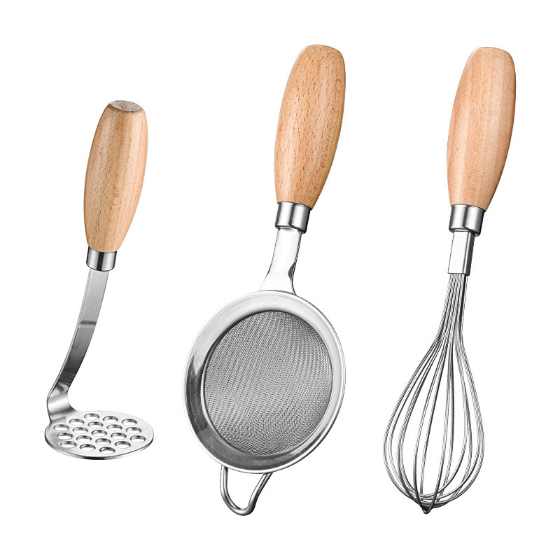 OUKEAI 304 อุปกรณ์ครัวสแตนเลสในครัวเรือนไม้ Handle Potato Press กระชอนไข่ผสมห้องครัวกรองตาข่ายตะแกรง - รูปที่ 3