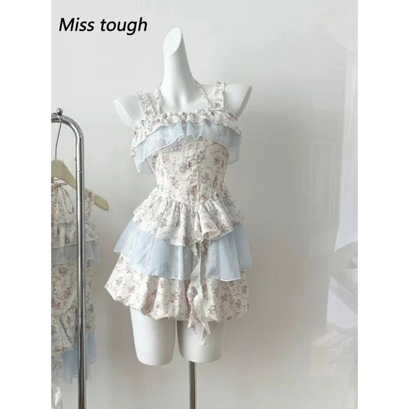 Mn Summer Women Two Piece Set Sleeveless Floral Ruffle Dress Blue Beige Layered Skirt Cute Girl Outf