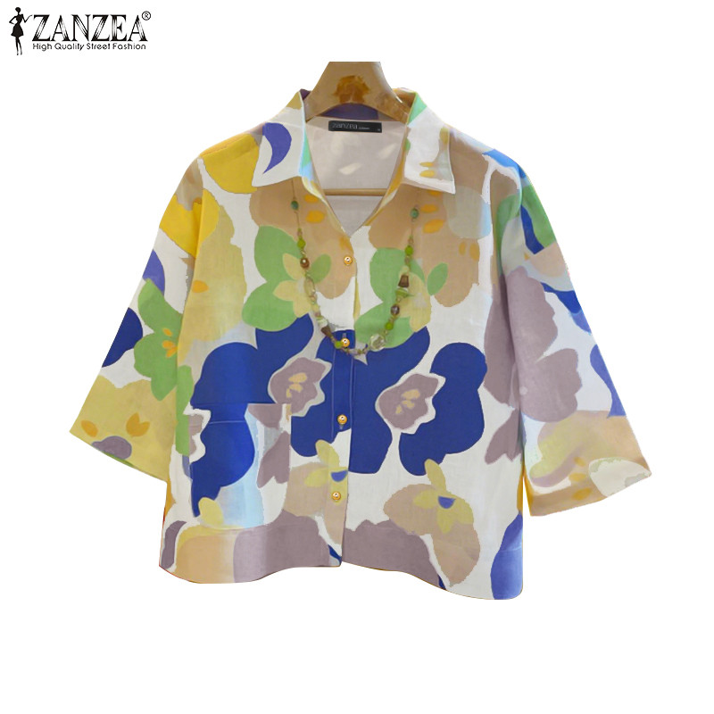 เสื้อวันหยุดครึ่งแขนพิมพ์ลายสไตล์เกาหลีสำหรับผู้หญิง ZANZEA