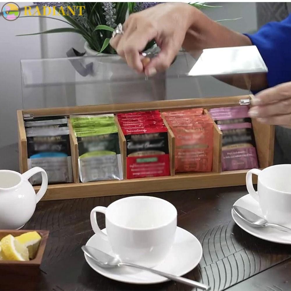 RADIANTF ที่เก็บถุงชา, ทําด้วยมือ 5 ช่องกล่องเก็บแคปซูลกาแฟ, ไม้ไผ่ขนาดกะทัดรัดโปร่งใสขนาดใหญ่ความจุ Desktop Sundries Organizer อุปกรณ์ชา