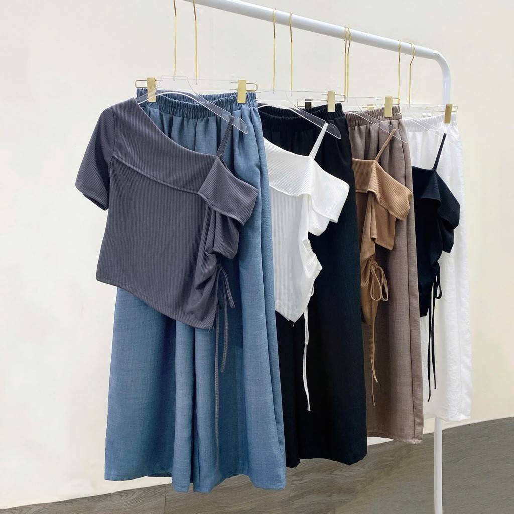 Set เสื้อเชือกรูดปาดไหล่ Bigsize กางเกงขากว้างผู้หญิง ผ้าเท่ๆ หลากสีอ่อนเยาว์ 55-92kg - SET G213-Q56