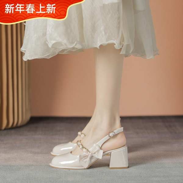 Stella minxshoes Marijane รองเท้าแตะ Mary Jane ผู้หญิงหัวปิด2024ฤดูใบไม้ผลิและฤดูร้อนใหม่ส้นสูงสไตล์