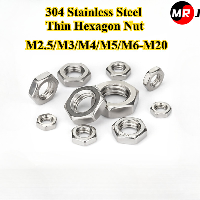 [MRJ-LM] SUS304, น็อตหกเหลี่ยมบาง M2.5/M3/M4/M5/M6-M20 น็อตหกเหลี่ยมสแตนเลส, น็อตสกรูล็อค