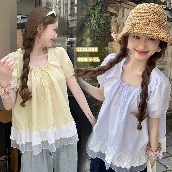 CHU#เสื้อเชิ้ตแขนสั้นลูกไม้สำหรับผู้หญิง เสื้อเชิ้ตทรงหลวมไซส์ใหญ่ในช่วงฤดูร้อน ทรงเบบี้ดอล หวานและน่ารัก-รุ่นW638