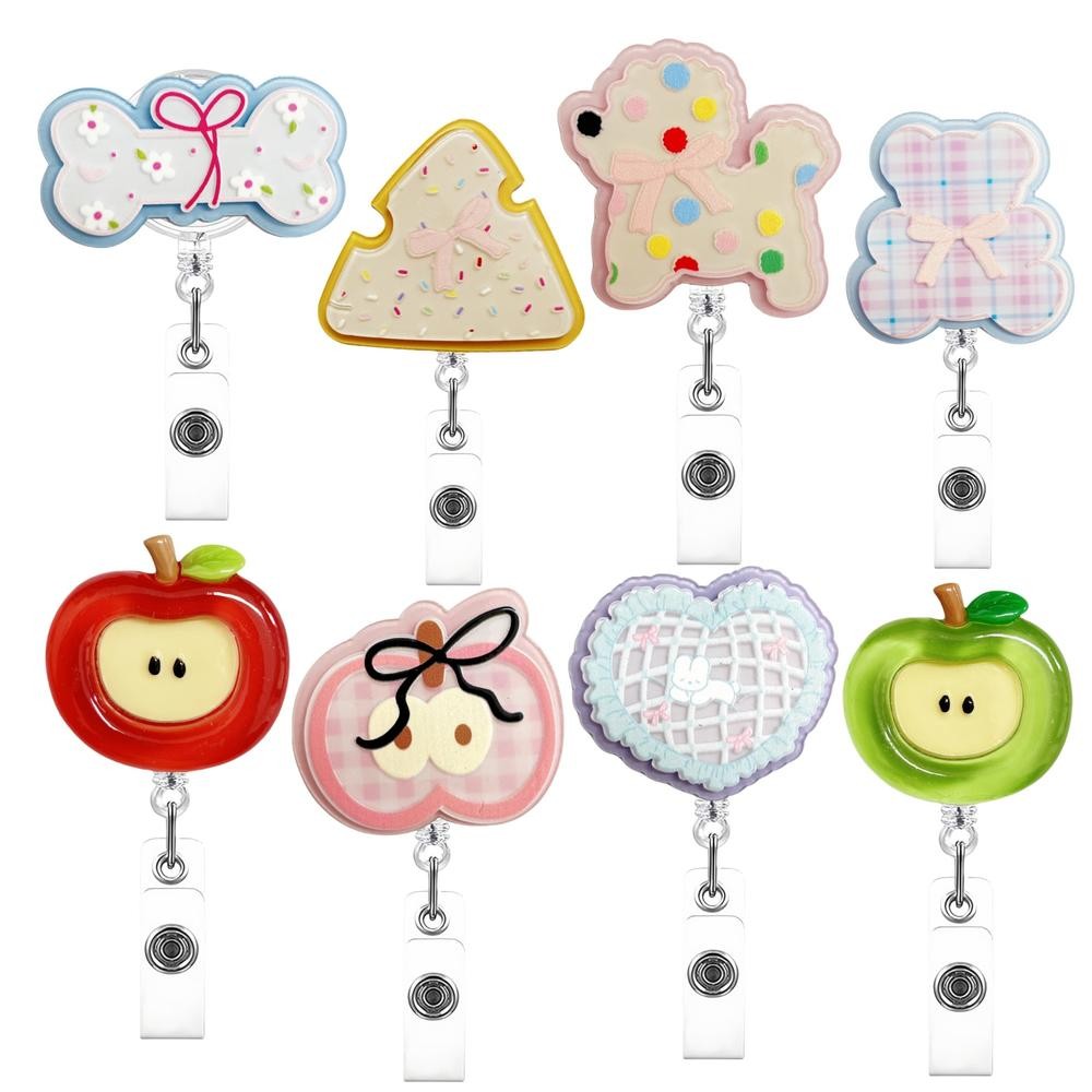 1PCS Apple Badge Reels Retractable น่ารักหมีกระดูกป้ายผู้ถือป้าย Reel ID คลิปชื่อแท็กการ์ดป้ายคลิปของขวัญอะคริลิคพยาบาลนักเรียน RN LPN Office Worker ครู