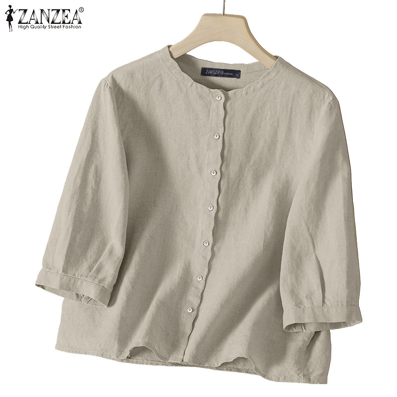 เสื้อสตรีสไตล์เกาหลีเรียบง่าย ZANZEA แบบแขน3/4 มีปุ่ม สวมใส่ง่าย