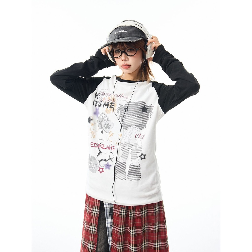 X-Sleeved Contrast Color Raglan Long-ORANGE เสื้อยืด Retro Asian Culture y2k Slim-Fit Top ฤดูร้อนสไตล์ใหม่เสื้อผ้าผู้หญิงลําลอง