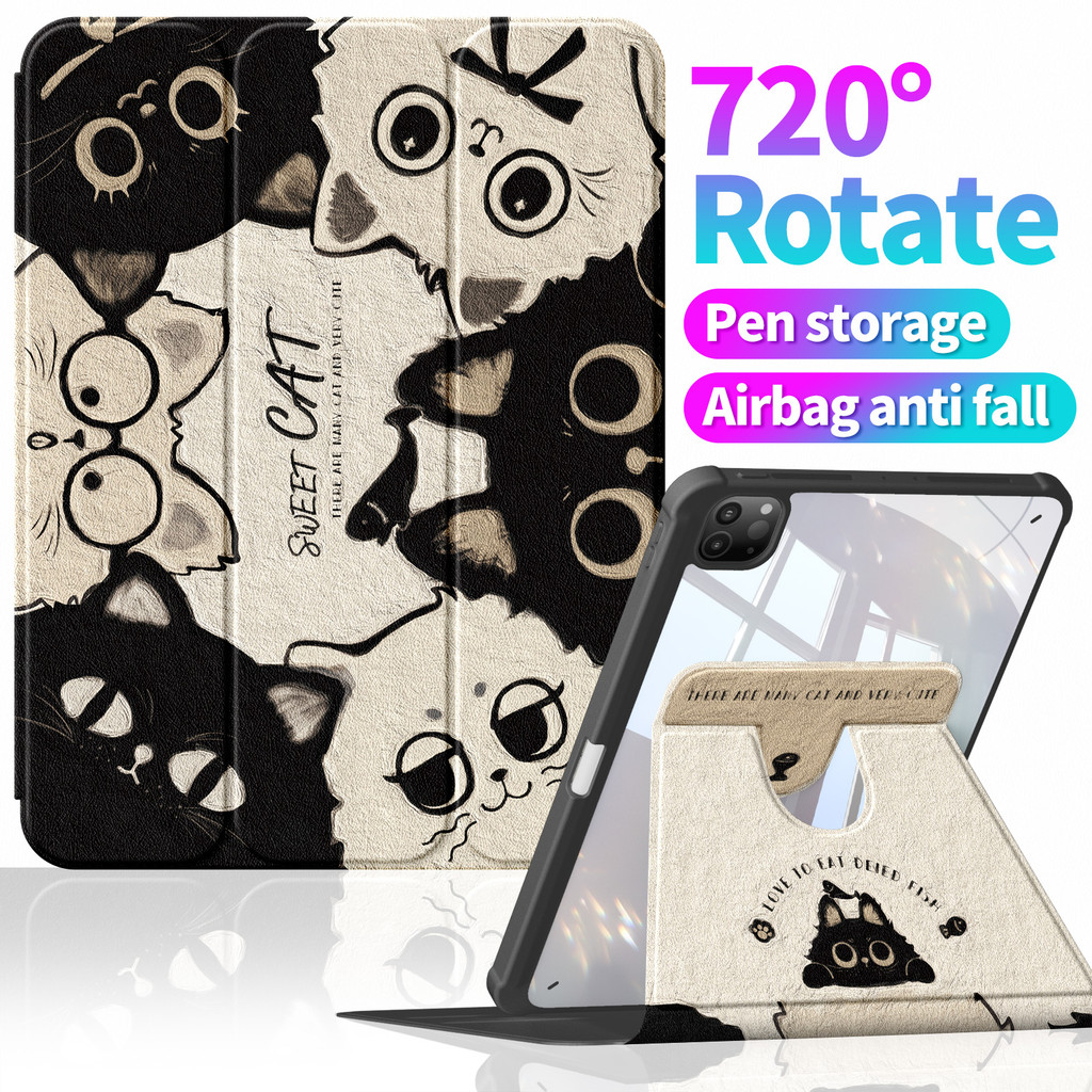 เหมาะสําหรับ AppleiPad เคสป้องกัน 2025Pro11 Air7 M3 gen11thA16 สไตล์ล่าสุด Air5/4th10.9 "Gen10th9th8th7th มาพร้อมช่องเสียบปากกา 720°วงเล็บหมุนถุงลมนิรภัยกันกระแทก 10.2 "10.5" ก1155 สีดําสีขาวแมว