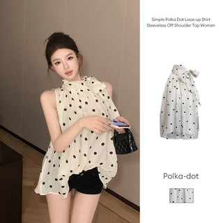Kemeja renda Polka Dot sederhana tanpa lengan dari bahu atas wanita menggantung leher musim panas
