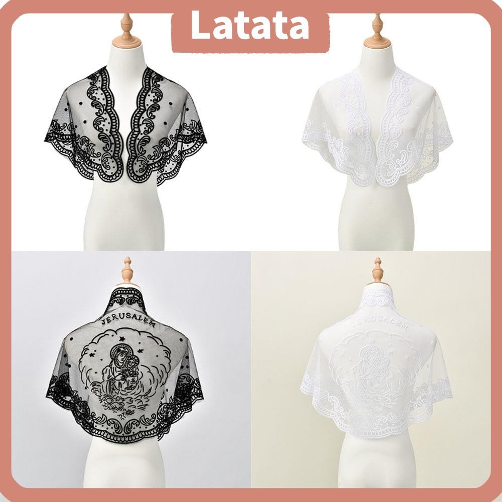 LATATA ผ้าคลุมไหล่แบบอเนกประสงค์ สำหรับผู้หญิง สไตล์คริสเตียนVirgin Mary ลายสามเหลี่ยมลูกไม้ น้ำหนักเบาทึดอากาศได้ พร้อมใช้เป็นHijabหรือHeadscarf