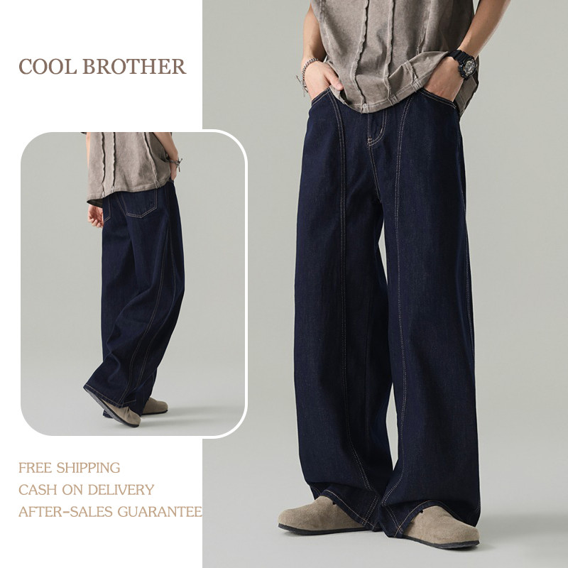 [COOL BROTHER]กางเกงยีนส์ผู้ชายสีน้ำเงินเข้ม ทรงหลวม สไตล์อเมริกันวินเทจ สะดวกสบายและอเนกประสงค์ เหมาะกับทุกรูปขา