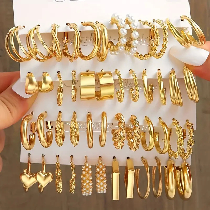 ต่างหูห่วง ชุด 48 ชิ้น ทำจากโลหะผสม 18K Gold ชุบทอง เหมาะสำหรับเป็นเครื่องประดับสไตล์วินเทจและของขวัญพิเศษ