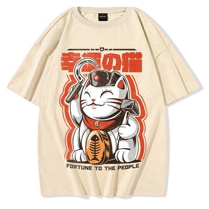 เสื้อยืดผ้าฝ้ายสไตล์ญี่ปุ่นสำหรับผู้ชายและผู้หญิง ออกแบบลายคาแรกเตอร์ Lucky Cat เหมาะสำหรับสวมใส่ลำล