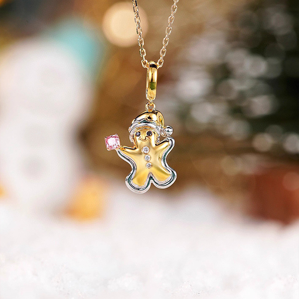 น่ารักน่ารักออกแบบประณีตสร้อยคอของขวัญเงินสเตอร์ลิงสีแดงหญิงนุ่มน่ารัก Gingerbread Man Elk All-Match