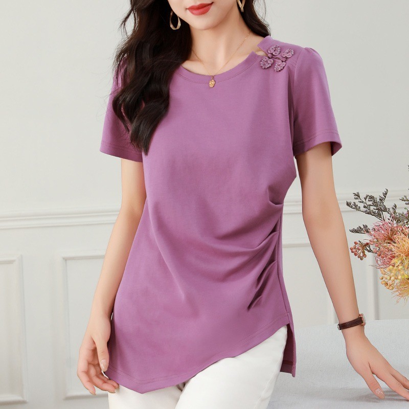 ขนาดใหญ่ขนาดด้านบนฤดูร้อนเสื้อผ้าสตรีสาวเสื้อผ้าสไตล์จีนใหม่สไตล์จีนติดกระดุมไม่สม่ําเสมอSlimmerดูลดอายุแขนสั้นด้านบน