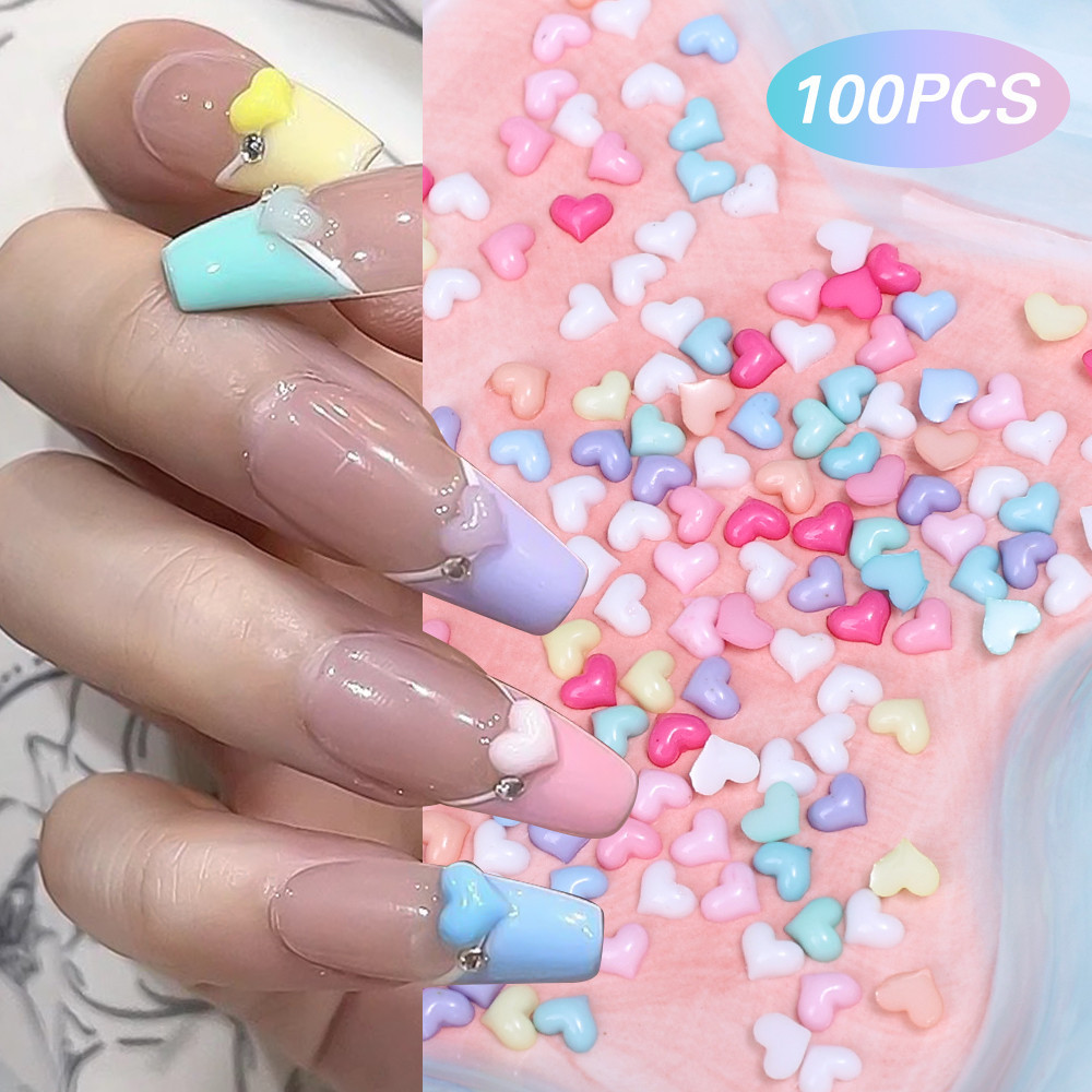 สีสันหวานประณีต - Kawaii สีผสมเล็บหัวใจ - อุปกรณ์แต่งเล็บ DIY - สี Candy Decor เพชร - 100 ชิ้น Mini Heart Nail Art เครื่องประดับ