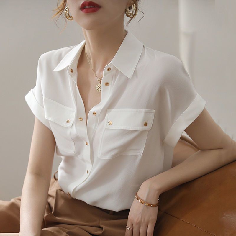 เสื้อชีฟองสีขาวผู้หญิงฤดูร้อนการออกแบบบางสไตล์ใหม่การออกแบบเฉพาะอารมณ์เวอร์ชั่นเกาหลีด้านบน