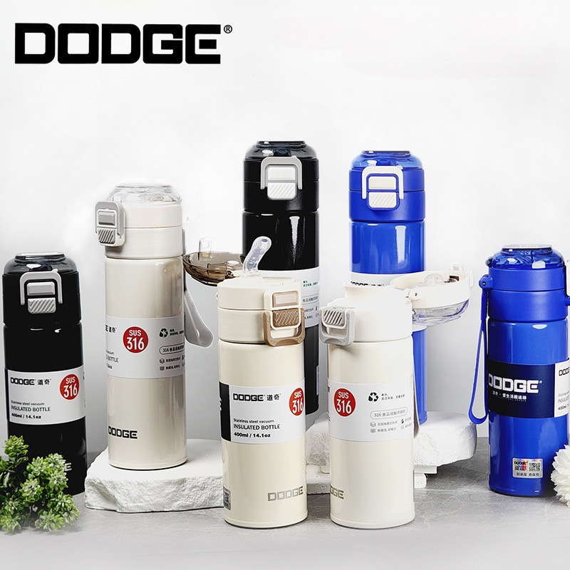 DODGE กระบอกน้ำสแตนเลส SUS316 ขวดน้ำเก็บอุณหภูมิร้อน/เย็น 400ml 500ml ขวดหลอดเด้ง กดดื่ม กระดกดื่ม
