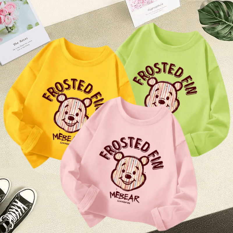 3-12ปีการ์ตูนกราฟฟิตีหมีพิมพ์เด็กสาวแขนยาวด้านบนอเนกประสงค์เด็กเสื้อผ้าฤดูร้อนสีทึบสบายๆเด็กเสื้อยืด
