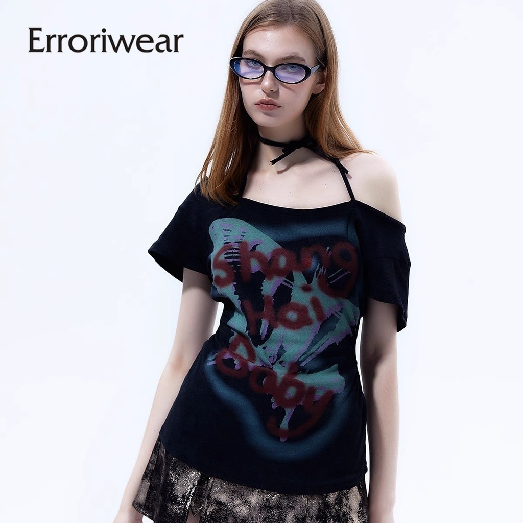 Errokiwear เสื้อยืดผู้หญิง 2024 ตัวอักษรผีเสื้อพิมพ์ปิดไหล่แขนสั้น Slim Fit Halter Tops
