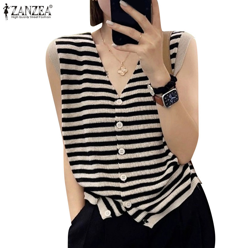 ZANZEA ใส่ ซานเซีย ผู้หญิงแฟชั่นเกาหลีลําลองคอวีแขนกุดปุ่มแถบถักหลวมถัง