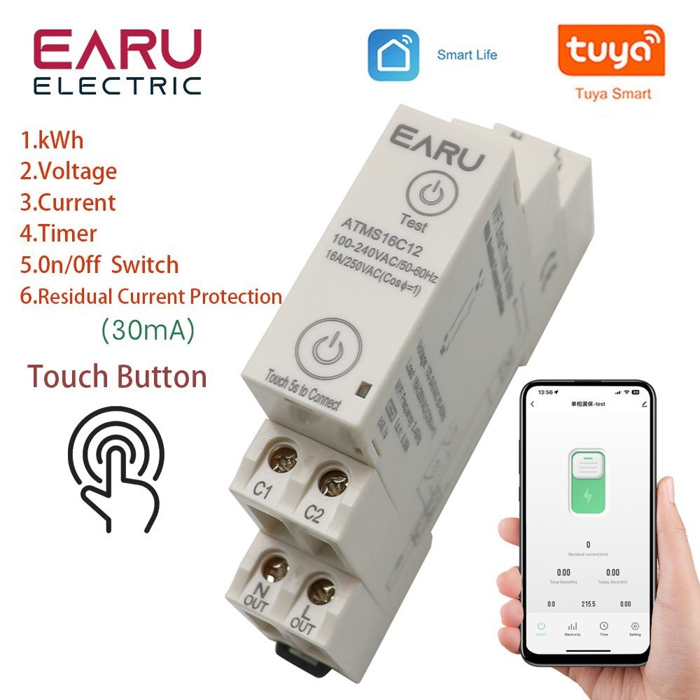 ✶Tuya APP 1P N AC110V 220V 16A WiFi Smart Circuit Breaker RCBO Timer Relay Switch Remote Control kWh