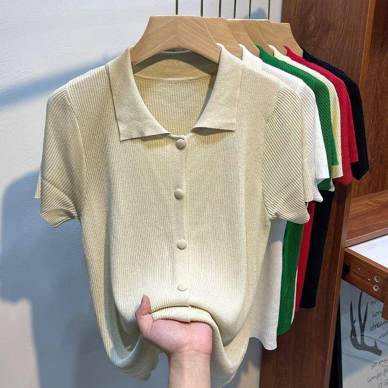สไตล์บางเสื้อโปโลเสื้อถักผู้หญิงฤดูร้อนอารมณ์ Slimmer ดูแขนสั้นสีทึบ All-Match สั้นด้านบน