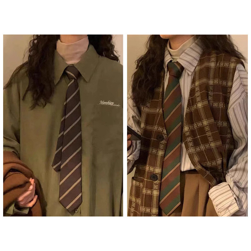 สีน้ําตาลกาแฟลาย Tie หญิงสไตล์ย้อนยุคสีเขียว Hand-Made All-Match เสื้อลําลองอุปกรณ์เสริมชายสไตล์ญี่ปุ่น Preppy สไตล์ Tie
