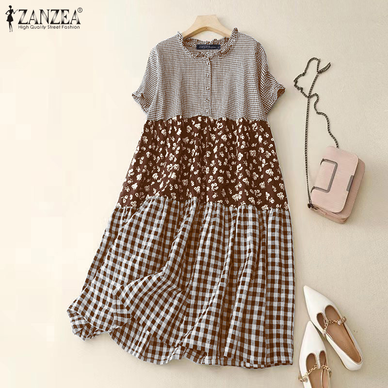 ZANZEA ซานเซีย ผู้หญิงเกาหลีลําลองรอบคอแขนสั้นชุดดอกไม้ลายสก๊อต — صورة 6