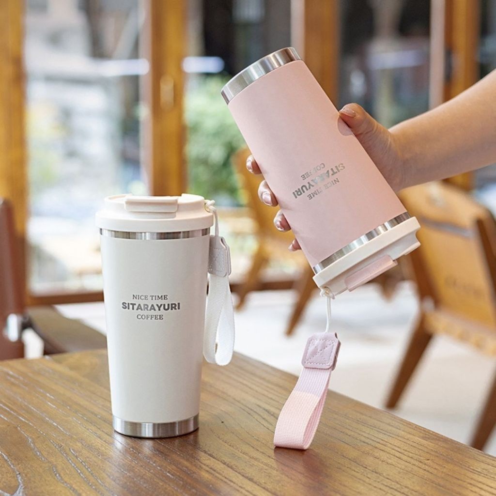 พร้อมส่ง SITARAYURI แก้วน้ำเก็บอุณหภูมิเปิดดื่ม 2 แบบ สแตนเลส SUS304 ขนาด 560ml จับถือได้สะดวก พร้อมสายหูหิ้วผ้าแคนวาส