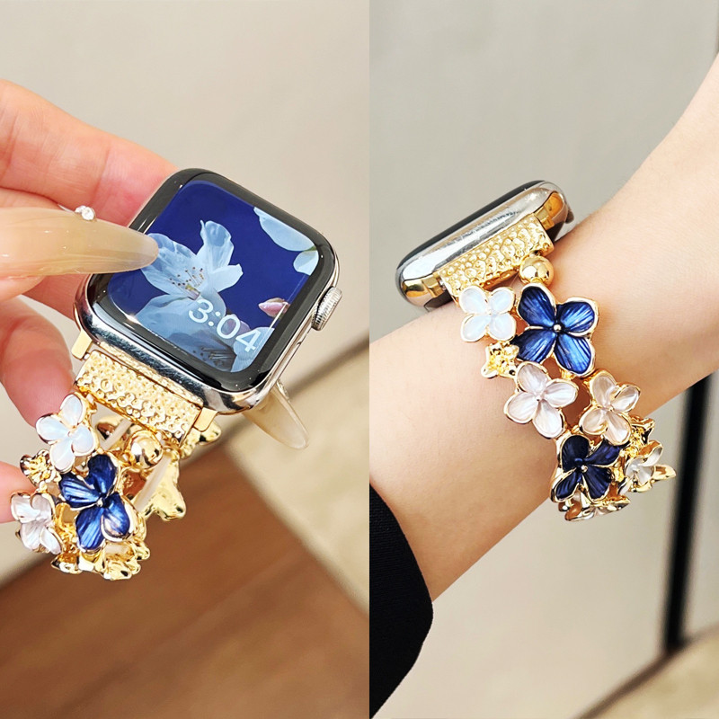 สายโลหะยืดหิวงลายดอกไม้เต็มแผ่น สำหรับ Apple Watch Series 11 10 9 S9 8 7 6 5 4 3 SE Ultra 2 ขนาด 38 40 41 42 44 45 46 49 มม. อุปกรณ์นาฬิกา