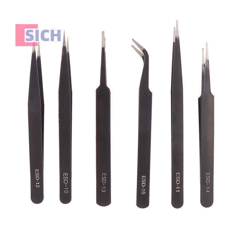 [Sich] 6 ชิ้น Precision แหนบชุด Anti-Static ESD Tweezer สแตนเลสซ่อมเครื่องมือสําหรับ Electronics Soldering ชุดเครื่องประดับ Makin ใหม่