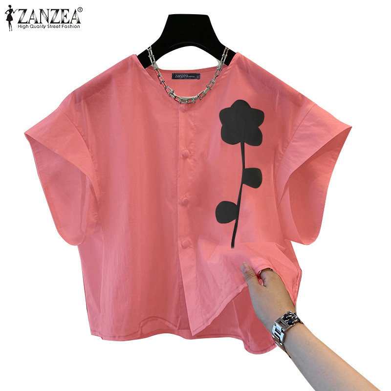 Zanzea ผู้หญิงเกาหลีพิมพ์หลวมแขนสั้นรอบคอ Placket Tie ปิดเสื้อ