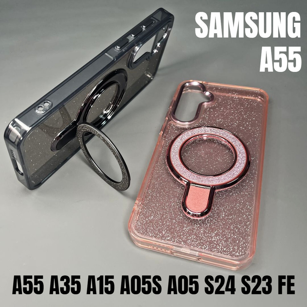 Glitter Hard Glossy อะคริลิคสําหรับ Samsung Galaxy A55 A15 A35 A05S A05 A25 S23 FE S24 FE Ultra Plus Shock Proof กรณี Multi Function Bracket Fulcrum สามารถ Direct Force Stand