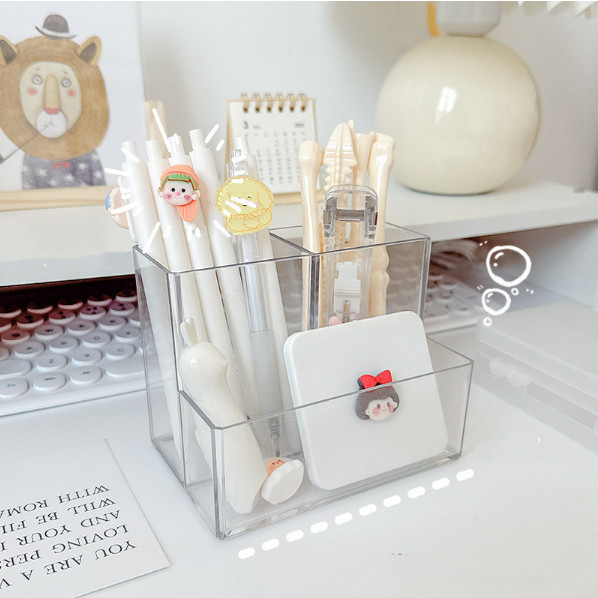 ชั้นเก็บของ YIWUSHOP ปลีก/ส่ง กล่องเก็บปากกา อะคริลิคใส แบบสามช่อง เรียบง่าย