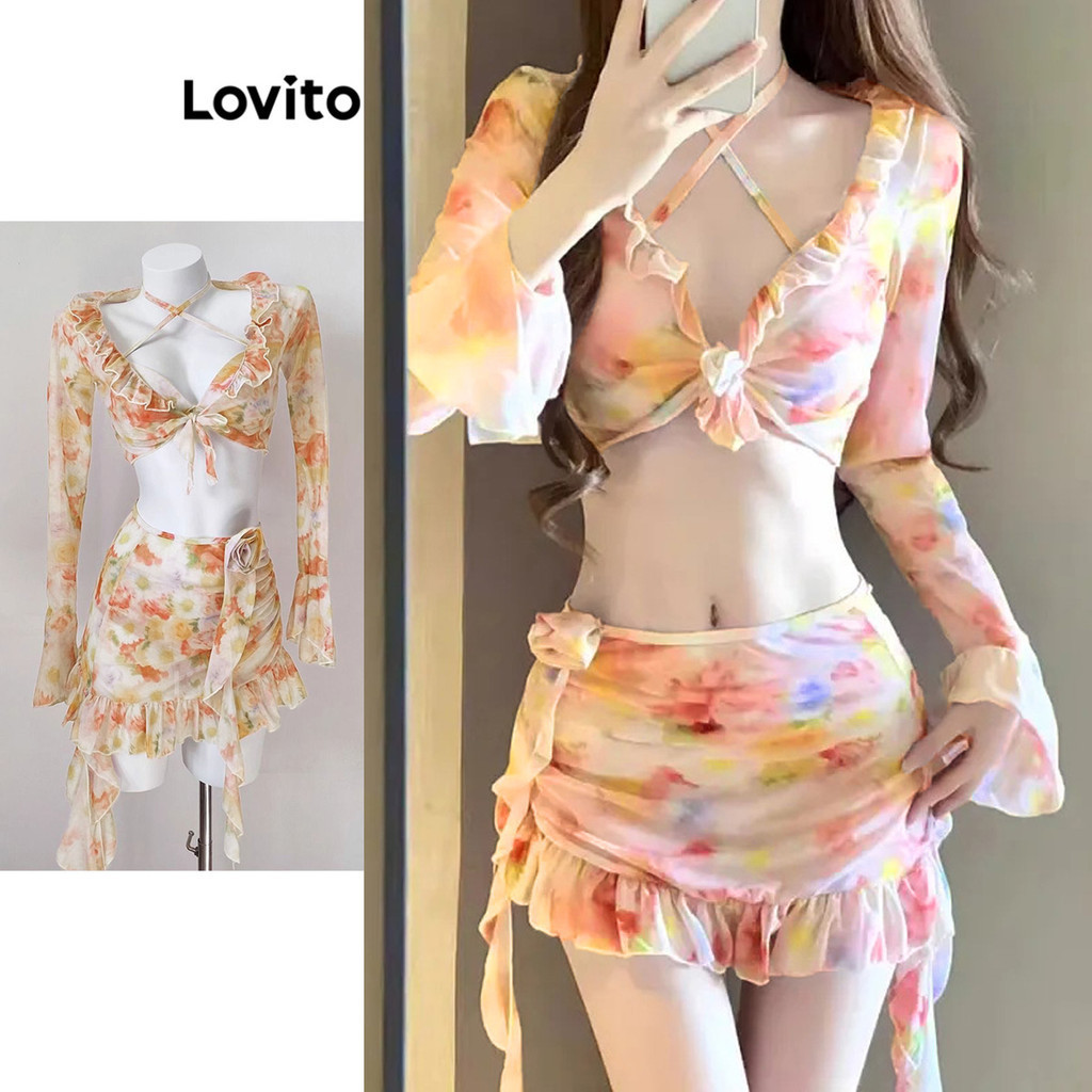 Lovito ชุดเซ็ทบิกินี่ผู้หญิง แต่งทวิส แต่งจีบ ลายดอกไม้ สไตล์ลำลอง LNA50128