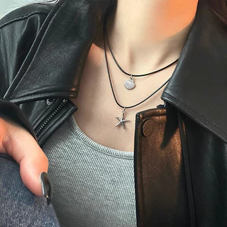 COD❤️สร้อยคอเชือกหนังจี้หัวใจปลาดาวสีเงินเรียบง่ายหวานสุดเท่เครื่องประดับสำหรับผู้หญิงของขวัญ-a.one
