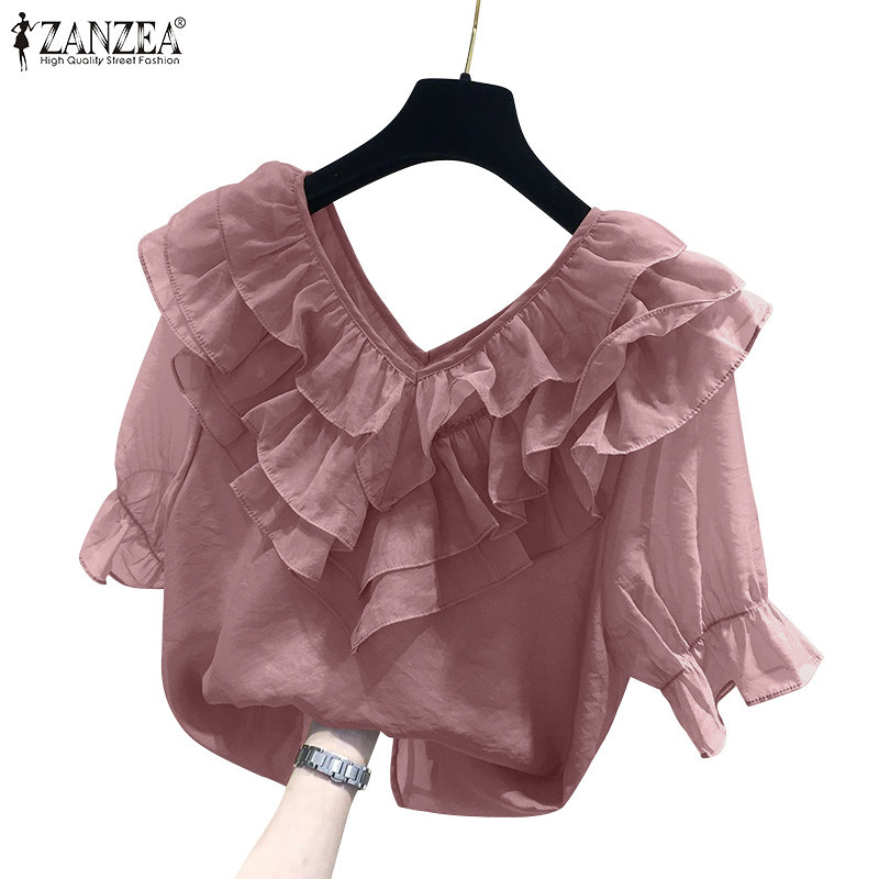 Zanzea เสื้อสตรีแฟชั่นเกาหลีลําลองคอวี 3/4 แขน Splicing Ruffles เสื้อหลวม