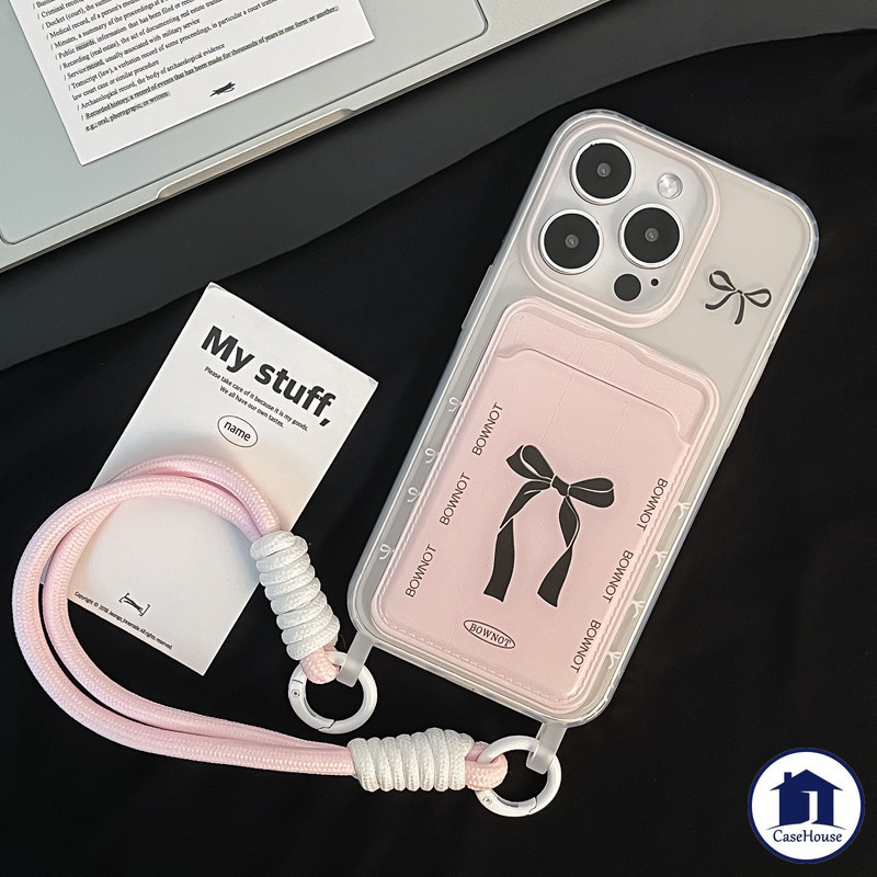 เคสใส่บัตรพร้อมสายคล้องแบบผูกโบว์ เข้ากันได้กับ IPhone 7 Plus XR 12 11 15 14 13 Pro Max X 12 15 11 13 14 Pro XS Max SE