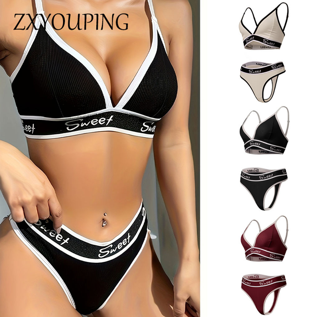 Zxyouping Tobak ชุดกางเกง Bra และกางเกงบิกินี่เซ็กซี่กีฬา,จดหมายพิมพ์ Trim Plunge Bras และ Thongs ชุดชั้นในชุด, ชุดชั้นในสตรีและชุดชั้นใน