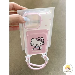 แฟชั่นลาย Hello Kitty น่ารัก ช่องใส่บัตรพร้อมสายคล้อง เคส IPhone 16 11 13 14 12 15 Pro Max 7 8 14 Plus XR X XS Max SE