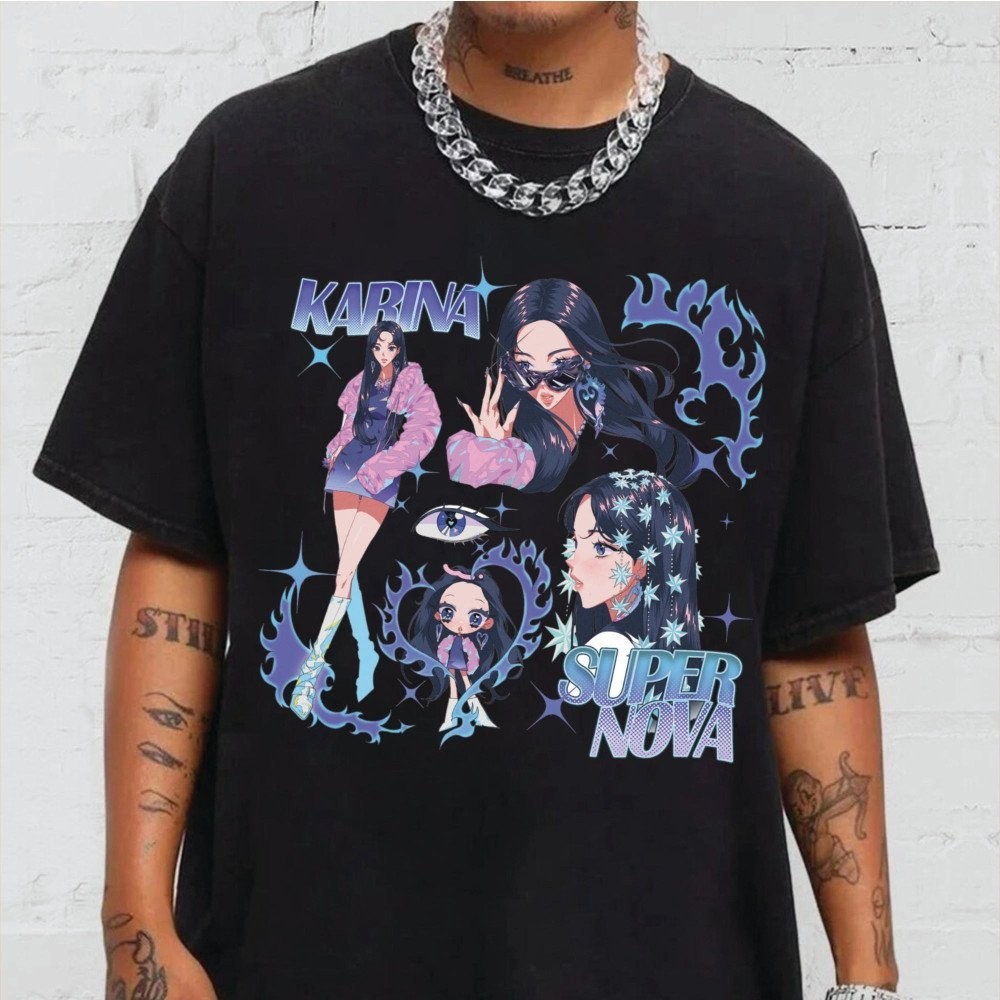 💯 🤗 Aespa KARINA Cotton T-shirt Supernova Aespa Armageddon KARINA Print Short Sleeve Top S-5XL