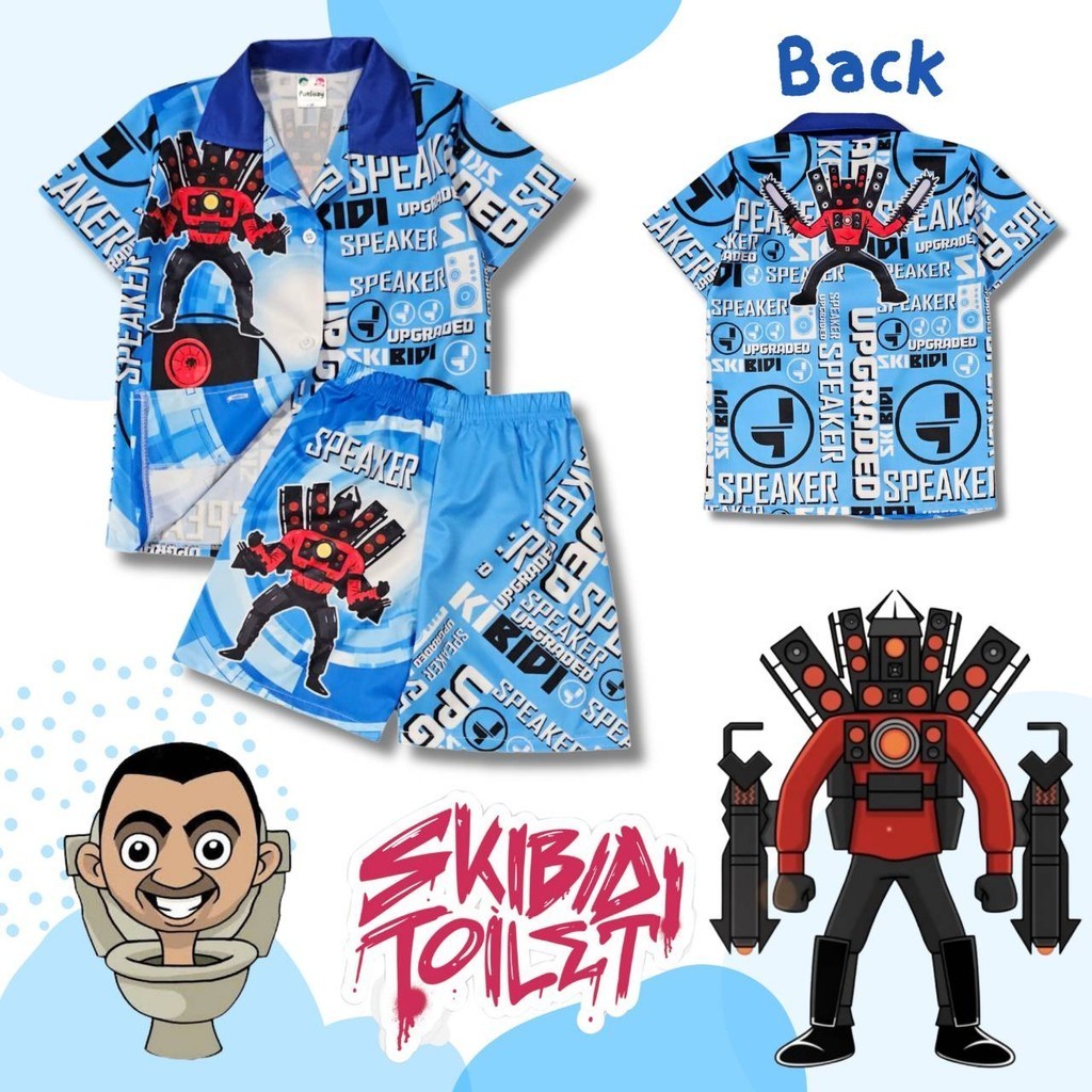 SKBD0948#4 ชุดเด็ก เซ็ตเสื้อฮาวาย+กางเกงขาสั้น ผ้าไหมอิตาลี ลายการ์ตูน สกิบิดี้ เสื้อผ้าเด็กแฟชั่น ชุดเที่ยวทะเล